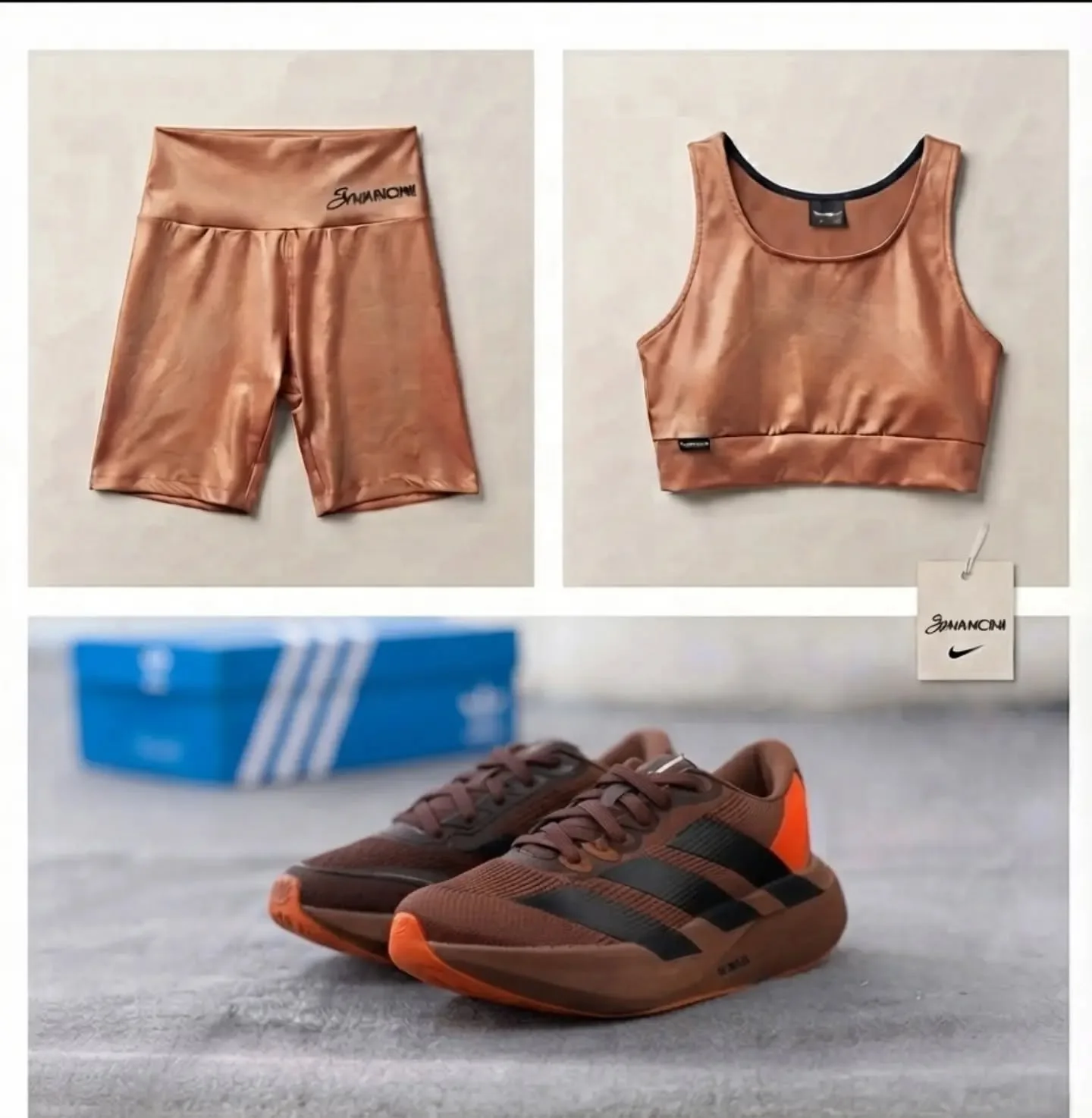 Top e shorts cobre com o Adidas marrom e laranja