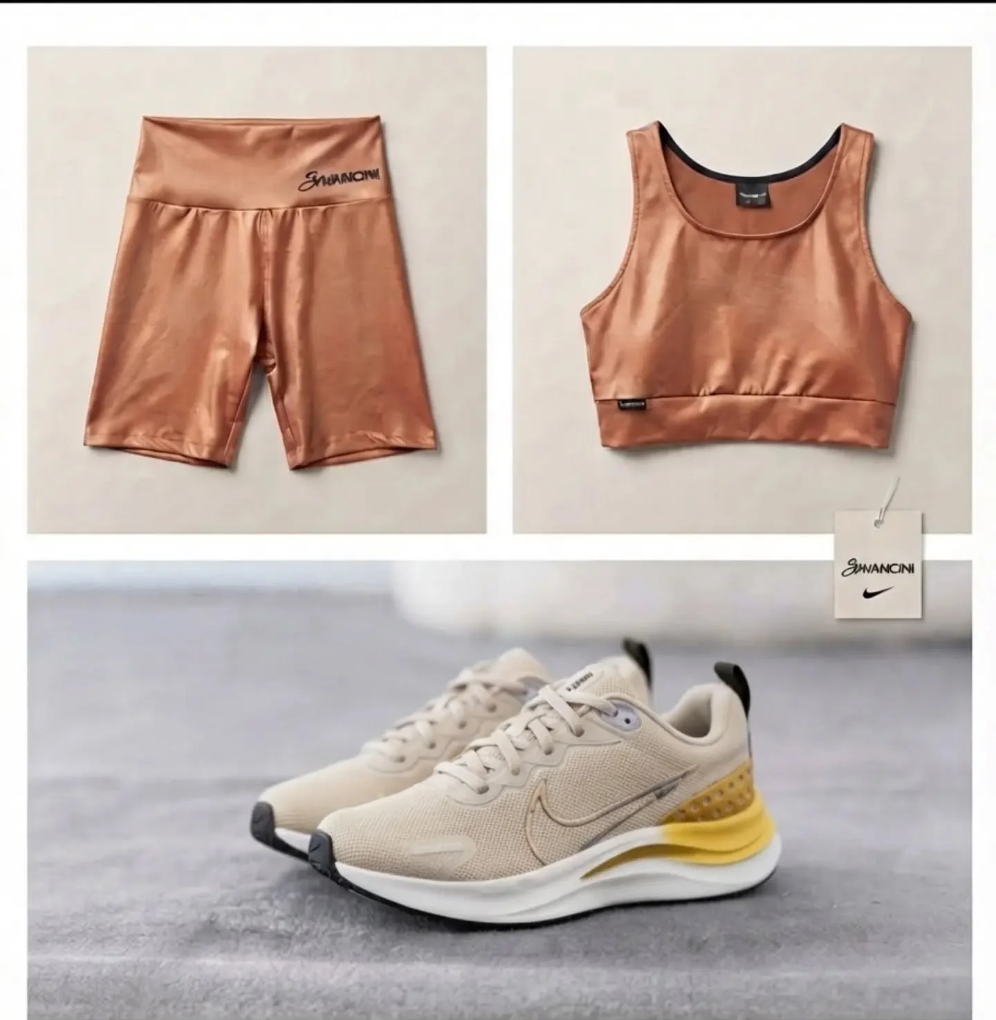 Top e shorts cobre com o Nike bege e amarelo